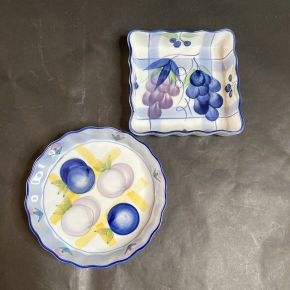 VTG Stoneware Bakeware Set-Bessette Plaid Grape Design,Scallop Edges,Oven Safe - Picture 1 of 13